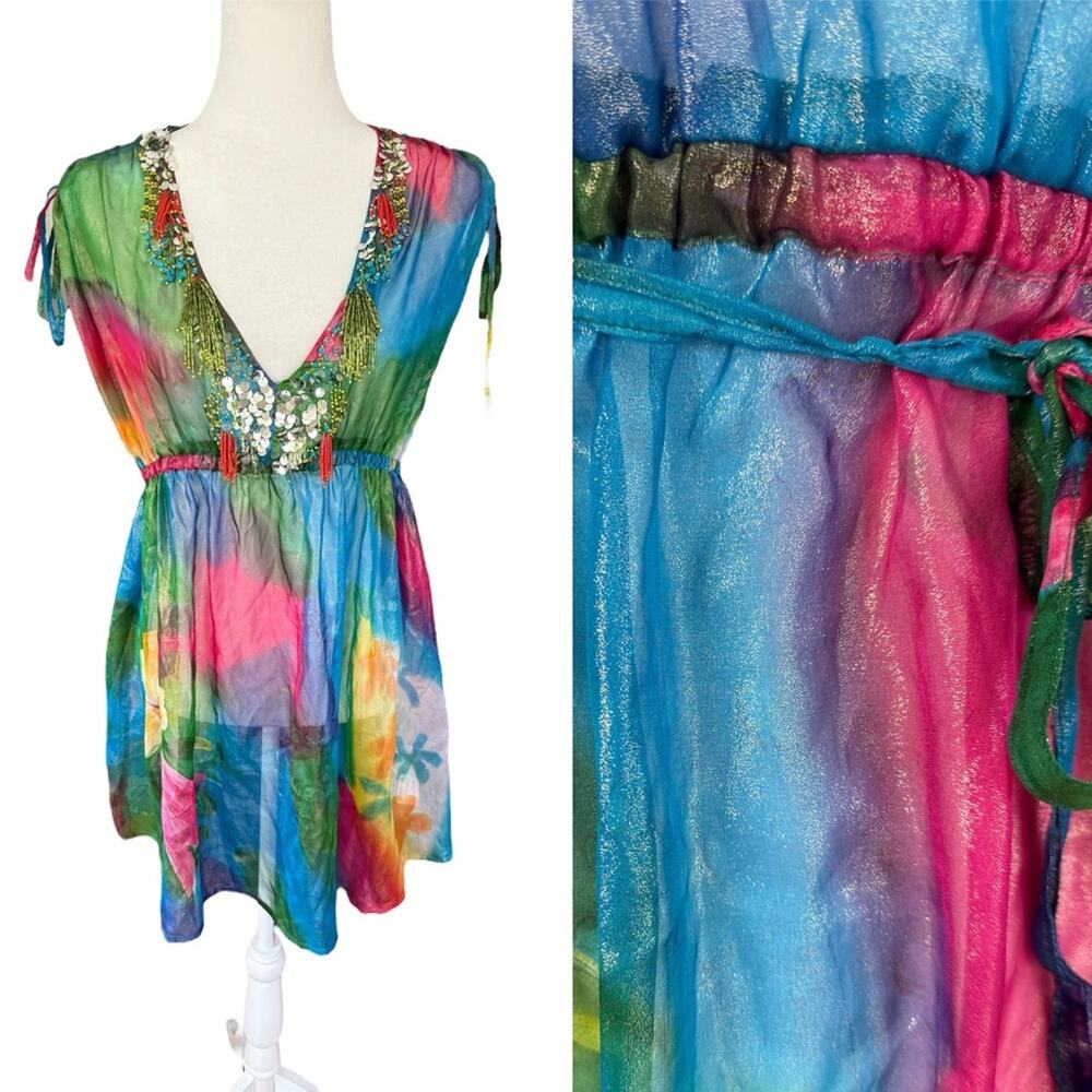 Michael Simon 100% Silk Multicolor Vibrant Shimmery Embellished‎ Tunic Blouse- S